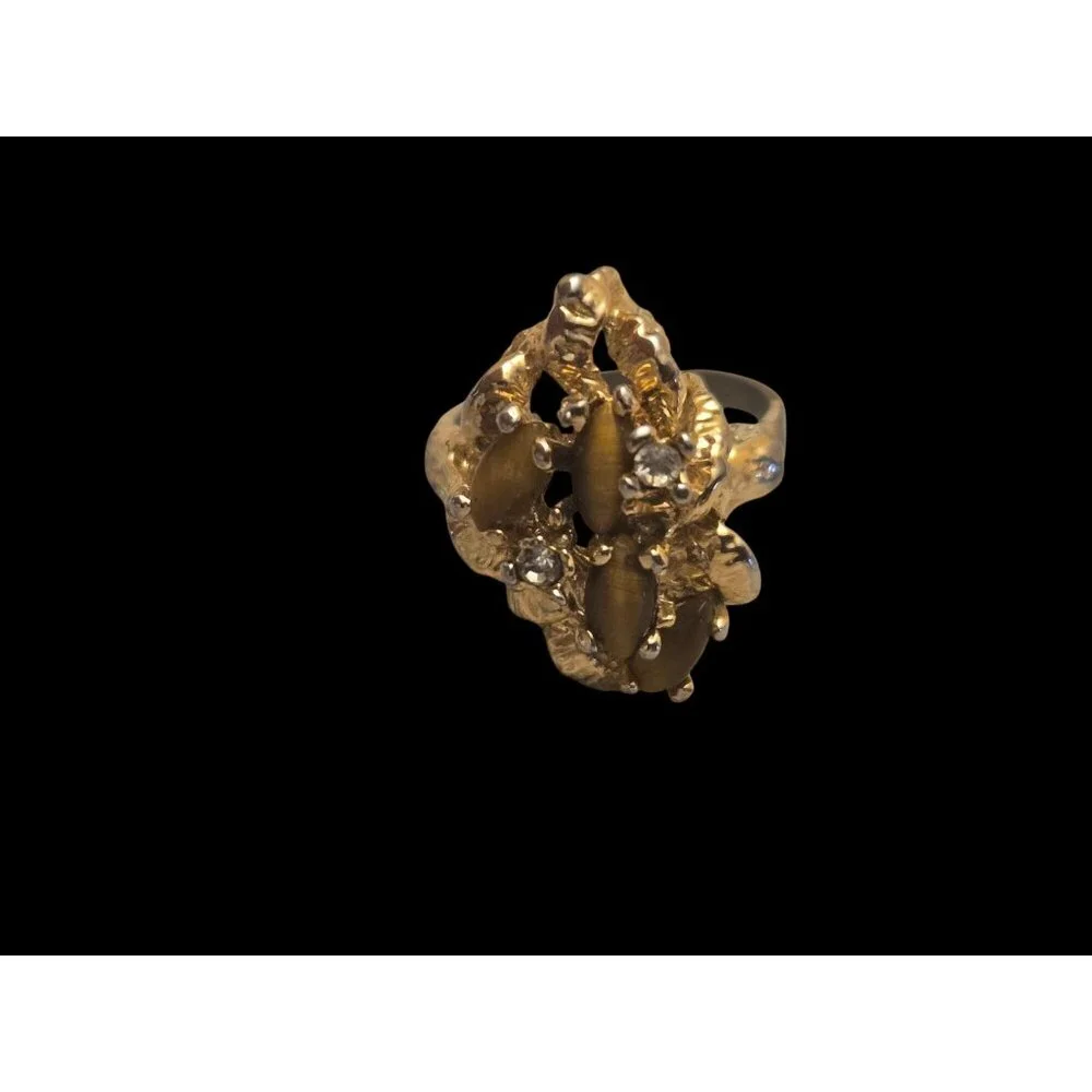 Vintage Gold Cluster Ring‎ Tigers Eye Rhinestones Size 5  Statement